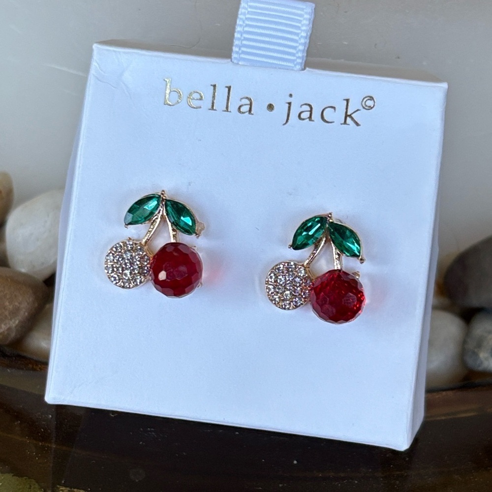 Brand New Bella Jack Red Cherries Crystal Rhinestone Post Earrings Studs Pierced - Picture 2 of 12
